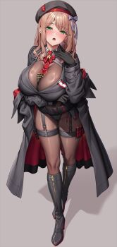 1girl ammunition_belt arm_under_breasts belt between_breasts black_bodystocking black_boots black_gloves black_hat black_jacket blush boots bow breasts brown_hair cameltoe commentary_request emma_(nikke) emma_(tactical_upgrade)_(nikke) full_body gloves goddess_of_victory:_nikke green_eyes hair_bow hat high_heels huge_breasts jacket knee_boots lambda_(kusowarota) long_hair looking_at_viewer necktie necktie_between_breasts official_alternate_costume open_mouth red_necktie solo standing striped_bow thigh_strap utility_belt