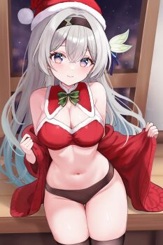 1girl absurdres bare_shoulders bibixart bikini bikini_top_only black_thighhighs bow bowtie breasts brown_panties cleavage closed_mouth commentary cowboy_shot english_commentary firefly_(honkai:_star_rail) fur-trimmed_bikini fur_trim gradient_hair grey_hair hair_between_eyes hairband hat highres honkai:_star_rail honkai_(series) jacket large_breasts long_hair looking_at_viewer multicolored_hair navel off_shoulder panties purple_eyes red_bikini red_hat red_jacket santa_bikini santa_costume santa_hat solo stomach swimsuit thigh_gap thighhighs thighs underwear very_long_hair