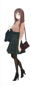 Rule 34 | 1girl, ama mitsuki, bag, black footwear, black pantyhose, blush, brown eyes, brown hair, brown shirt, female focus, full body, garter belt, green skirt, handbag, high heels, holding, holding jacket, holding unworn clothes, jacket, long hair, original, pantyhose, plaid clothes, plaid skirt, pleated skirt, pocketbook, ribbed shirt, shirt, shirt tucked in, simple background, skirt, sleeves rolled up, solo, turtleneck, unworn jacket, white background