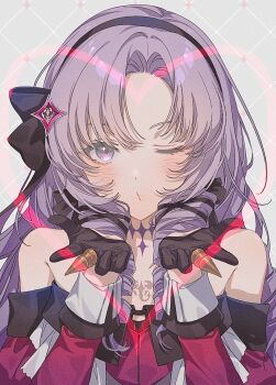 Rule 34 | 1girl, bare shoulders, black bow, black gloves, black hairband, blowing kiss, blush, bow, claw ring, curly hair, dress, drill hair, drill sidelocks, gloves, hair ribbon, hairband, heart, highres, hyakumantenbara salome, hyakumantenbara salome (1st costume), long sleeves, looking at viewer, mameko (l8 w3), nijisanji, off-shoulder dress, off shoulder, one eye closed, portrait, purple eyes, purple hair, purple tattoo, ribbon, sidelocks