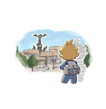 ... 1boy ahoge blonde_hair blue_jumpsuit blue_sky clemont_(pokemon) day garatechi highres in-universe_location jacket jumpsuit lamppost long_sleeves lumiose_city nintendo outdoors pokemon pokemon_legends:_z-a prism_tower sky tower tree white_bag