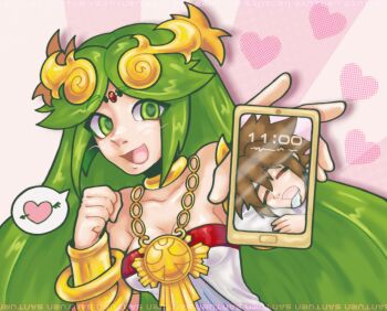 1girl arrow_through_heart artist_name chain circlet collarbone drooling gold_chain green_hair heart heart-shaped_pupils highres holding holding_phone jewelry kid_icarus kid_icarus_uprising looking_at_viewer nintendo palutena pendant phone pit_(kid_icarus) santurn symbol-shaped_pupils upper_body