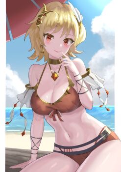 Rule 34 | 1girl, bare shoulders, beach, bikini, blonde hair, blush, breasts, brown bikini, choker, citrinne (fire emblem), cleavage, closed mouth, cloud, earrings, feather hair ornament, feathers, finger to mouth, fire emblem, fire emblem engage, gold choker, gold trim, hair ornament, halterneck, highres, hoop earrings, jewelry, large breasts, looking at viewer, mismatched earrings, navel, nintendo, ocean, outdoors, red eyes, short hair, sitting, smile, solo, swimsuit, tarutaru193, thick thighs, thighs, umbrella, water, wing hair ornament