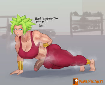 1futa abs arm_behind_back barefoot blue_eyes breasts bulge crop_top dragon_ball dragon_ball_super english_text exercising femboycarti foreskin futanari green_hair grey_background highres kefla_(dragon_ball) large_breasts large_penis looking_at_viewer midriff muscular muscular_female pants penis push-ups saiyan solo spiked_hair super_saiyan testicles toes uncensored