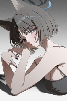 1girl absurdres animal_ears armpits black_hair black_nails blue_archive blue_eyes blue_halo blush breasts cat_ears cleavage commentary_request gradient_background grey_background halo highres kikyou_(blue_archive) korean_commentary looking_at_viewer lying medium_breasts on_stomach shadow short_hair solo upper_body white_background winterflower