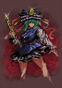 2b-ge asymmetrical_hair black_skirt blue_eyes blue_hat blue_vest brown_background buttons chinese_commentary disgust epaulettes flower frilled_hat frills green_hair hat highres one-hour_drawing_challenge rod_of_remorse shiki_eiki shirt skirt spider_lily touhou vest white_shirt