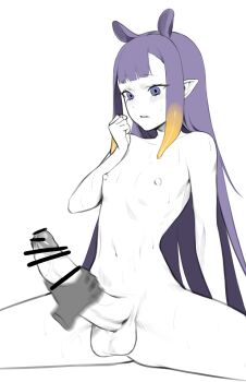 1girl absurdres blush futanari handjob highres hololive long_hair ninomae_ina'nis norunollu nude parted_lips pointy_ears purple_eyes purple_hair