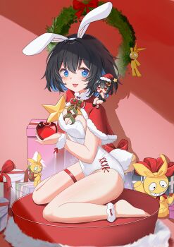 2girls absurdres alternate_costume animal_ears apple barefoot black_hair blue_eyes blue_hair breasts chibi_on_shoulder chinese_commentary christmas_present christmas_wreath colored_inner_hair commentary_request dual_persona fake_animal_ears feet food fruit gift highres holding holding_food holding_fruit homu_(honkai_impact) honkai_(series) honkai_impact_3rd leotard medium_breasts meow_maolai multicolored_hair multiple_girls playboy_bunny rabbit_ears red_eyes santa_cape seele_(alter_ego) seele_vollerei short_hair sitting stuffed_toy thigh_strap thighs two-tone_hair wariza white_leotard wreath