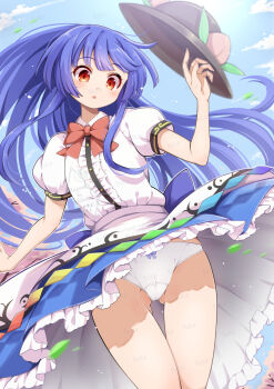 1girl apron artist_name black_hat blue_hair blue_sky blush boots bow bowtie center_frills closed_mouth clothes_lift cloud collared_shirt commentary_request commission day food frills futa_(nabezoko) hat highres hinanawi_tenshi leaf long_hair no_headwear open_mouth panties peach_hat_ornament puffy_short_sleeves puffy_sleeves rainbow_order red_bow red_bowtie red_eyes shirt short_sleeves skeb_commission skirt skirt_lift sky solo touhou underwear unworn_hat unworn_headwear very_long_hair waist_apron watermark white_apron white_panties white_shirt wind wind_lift