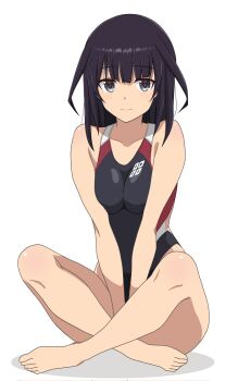 1girl agatsuma_kaede alice_gear_aegis barefoot black_eyes black_hair black_one-piece_swimsuit breasts commentary_request competition_swimsuit eighter highres indian_style long_hair looking_at_viewer medium_breasts multicolored_one-piece_swimsuit one-piece_swimsuit simple_background sitting solo swimsuit white_background