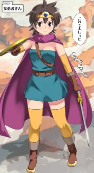 Rule 34 | 1girl, belt, black hair, blush, breasts, cape, circlet, closed mouth, dragon quest, dragon quest iii, elbow gloves, full body, gloves, heroine (dq3), holding, holding shield, holding sword, holding weapon, imaichi, looking at viewer, roto (dq3), shield, short hair, skirt, smile, solo, sword, thighhighs, weapon
