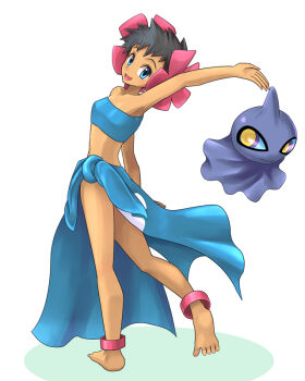 1girl anklet aqua_eyes aqua_sclera arm_up barefoot black_hair blue_sarong blue_tube_top closed_mouth colored_sclera commentary_request dark-skinned_female dark_skin flower full_body gen_3_pokemon hair_flower hair_ornament jewelry midriff ni-jo nintendo open_mouth phoebe_(pokemon) pink_anklet pink_flower pokemon pokemon_(creature) pokemon_oras purple_eyes sarong short_hair shuppet simple_background smile strapless tube_top very_short_hair white_background yellow_pupils