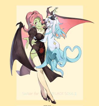 Rule 34 | 2girls, ass, black dress, black footwear, black souls, black souls 2, black wings, breasts, chushthu, colored skin, demon wings, dress, full body, green skin, high heels, highres, juliet sleeves, kuti (black souls), large breasts, ln'eta, long hair, long sleeves, looking to the side, monster girl, multiple girls, pink eyes, pink hair, ponytail, puffy sleeves, scylla, side slit, sucker for love, tentacles, thighhighs, two side up, white hair, white thighhighs, wings