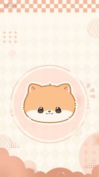 Rule 34 | absurdres, animal focus, argyle background, artist request, brown eyes, circle, closed mouth, copyright name, dog, floof (infinity nikki), halftone, head only, highres, infinity nikki, logo, nikki (series), no humans, notice lines, official art, official wallpaper, outline, second-party source, shiba inu, smile, solo, sparkle, white background, white outline