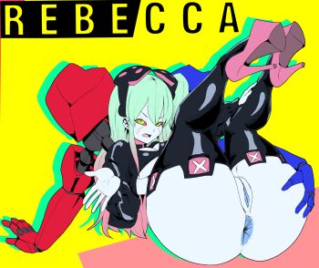 1girl alternate_hairstyle anus artificial_eye ass black_thighhighs breasts colored_sclera cropped_jacket cyberpunk_(series) cyberpunk:_edgerunners extra_arms high_heels highres long_hair mechanical_arms medium_breasts pink_tattoo platform_footwear platform_heels pussy rebecca_(cyberpunk) side_ponytail solo thecon thick_thighs thighhighs thighs