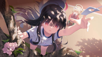 2girls animal_ears arm_up bare_arms baseball_cap black_hair blue_archive blue_shorts blunt_bangs breasts cherry_blossoms collarbone dappled_sunlight day faceless faceless_female feet_out_of_frame floating_hair from_above gym_shirt gym_shorts gym_uniform hair_over_eyes halo hand_up hat highres justice_task_force_member_(blue_archive) long_hair looking_up multiple_girls outdoors outstretched_arm outstretched_hand peanut_mouth reaching red_eyes red_halo santa_matsuri shirt short_sleeves shorts sidelocks small_breasts solo_focus sportswear spread_fingers standing sunlight tareme tree trinity_general_school_logo unusually_open_eyes white_hat white_shirt