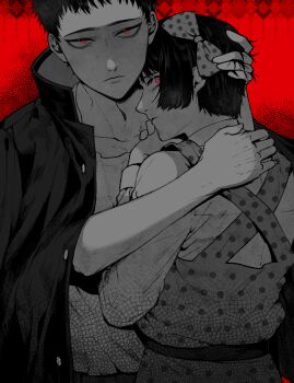 1boy 1girl absurdres back belt black_hair black_jacket cheolsu closed_mouth collarbone collared_shirt commentary_request cuddling dress hetero highres jacket jacket_on_shoulders kanabun_(shoujo_tsubaki) looking_at_viewer midori_(shoujo_tsubaki) monochrome polka_dot polka_dot_dress polka_dot_ribbon red_background red_eyes ribbon shadow shirt short_hair shoujo_tsubaki tank_top