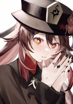 1girl black_nails brown_coat brown_hair brown_hat closed_mouth coat flower flower-shaped_pupils genshin_impact hair_flaps hands_up hat hat_flower highres hu_tao_(genshin_impact) jewelry long_hair looking_at_viewer multiple_rings nail_polish plum_blossoms porkpie_hat red_eyes ring simple_background solo sweatdrop symbol-shaped_pupils twintails wavy_mouth white_background yukiusagi_(snowrabbit0508)