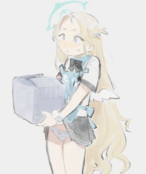 Rule 34 | 1girl, accidental exposure, angel's 24 uniform (blue archive), apron, black bow, blonde hair, blue apron, blue archive, blue eyes, blush, bow, box, clothes lift, grey background, halo, holding, holding box, lifting own clothes, long hair, mini wings, panties, pantyshot, parted lips, ribbon, scrunchie, shirt, short sleeves, simple background, skirt, skirt caught on object, skirt lift, solo, sora (blue archive), striped clothes, striped panties, tnso, two side up, underwear, very long hair, white shirt, wings, wrist scrunchie