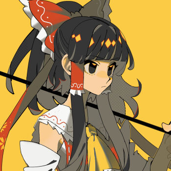 1girl 950magi618 ascot black_eyes black_hair bow commentary_request detached_sleeves frilled_bow frilled_hair_tubes frills gohei hair_bow hair_tubes hakurei_reimu highres holding holding_gohei long_hair looking_to_the_side red_bow ribbon_trim shirt simple_background solo touhou undershirt upper_body white_shirt yellow_ascot yellow_background