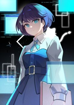 1girl absurdres achin_(putsi_2025) animal animal_on_shoulder azabu_mai binary black_background blue_dress blue_eyes cat cat_on_shoulder closed_mouth collared_shirt commentary computer cowboy_shot dress dress_shirt english_commentary highres holding holding_laptop ikizulive!_love_live!_bluebird laptop light_particles long_sleeves love_live! purple_hair shirt short_hair silhouette solo split_mouth strapless strapless_dress white_shirt window_(computing)