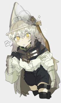 Rule 34 | 1girl, arknights, black cape, black shorts, blush, brown cape, cape, commentary, cropped legs, fartooth (arknights), flying sweatdrops, gauntlets, gloves, grey background, grey gloves, grey hair, hair between eyes, helmet, high-waist shorts, long hair, long sleeves, looking at viewer, odmised, parted lips, puffy long sleeves, puffy sleeves, shirt, shorts, simple background, solo, speech bubble, sweat, thigh strap, thighhighs, very long hair, visor (armor), white background, white shirt, yellow eyes