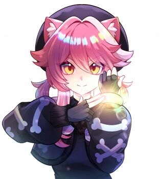 1girl absurdres animal_ears bepplesanim beret black_gloves black_hat black_jacket black_shirt blush bone_print bracelet closed_mouth commentary english_commentary gloves hair_intakes hat highres hololive hololive_english jacket jewelry long_hair long_sleeves looking_at_viewer nintendo panther_ears panther_girl partially_fingerless_gloves pink_hair pokemon pokemon_legends:_z-a raora_panthera shirt simple_background smile solo twintails virtual_youtuber white_background yellow_eyes