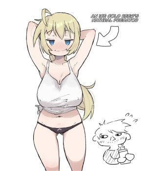 1boy 1girl ahoge armpits arrow_(symbol) blonde_hair blue_eyes blush bow bow_panties breasts cleavage collarbone english_text eyebrows gluteal_fold hands_up highres japvs large_breasts navel nipples no_pants panties shirt shoujo_shuumatsu_ryokou simple_background sleeveless sleeveless_shirt sweat sweatdrop tank_top tied_shirt underwear white_background white_shirt yuuri_(shoujo_shuumatsu_ryokou) zlix0n