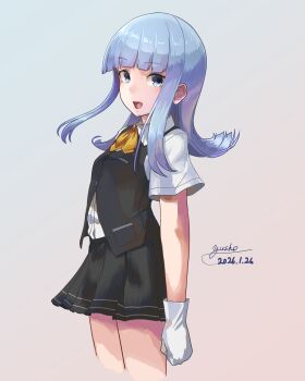 1girl absurdres blue_eyes blue_hair blunt_bangs blush bow bowtie commentary_request cowboy_shot dated gloves gradient_background hatsukaze_(kancolle) headgear highres kantai_collection long_hair looking_at_viewer neckerchief pink_background pleated_skirt school_uniform shirt signature skirt solo vest white_gloves white_shirt yellow_bow yellow_bowtie yellow_neckerchief yuushou