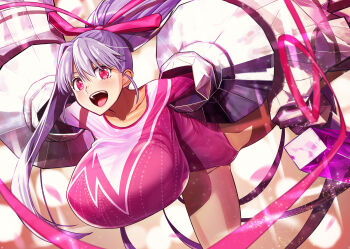 1girl athletic_leotard blush breasts commentary_request fate/grand_order fate_(series) gymnastics hair_ribbon highres huge_breasts leotard long_hair open_mouth oversized_forearms oversized_limbs passionlip_(fate) passionlip_(swimsuit_saber)_(second_ascension)_(fate) pink_eyes pink_leotard ponytail purple_hair rhythmic_gymnastics ribbon sakura_five sleeved_leotard smile solo takenoko_seijin teeth thighs tongue upper_teeth_only