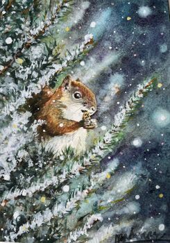 Rule 34 | absurdres, animal, animal focus, commentary request, highres, madmar, night, no humans, original, outdoors, painting (medium), snow, snowing, squirrel, traditional media, tree, watercolor (medium), winter