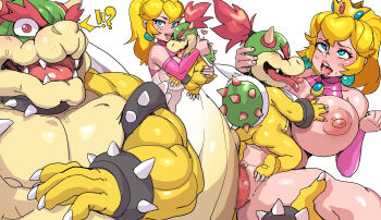 1girl 2boys after_kiss ahegao blonde_hair blue_eyes bowser bowser_jr. bracelet breasts censored clothes_lift crown detached_sleeves dragon_boy earrings eyelashes father_and_son feet_out_of_frame fingernails from_side furry furry_male furry_with_non-furry grabbing_another's_breast groping group_sex hands_up hetero highres huge_breasts interspecies jewelry lips long_hair looking_at_another looking_at_viewer looking_to_the_side lying maniacpaint mario_(series) mmf_threesome mosaic_censoring multiple_boys multiple_views muscular muscular_male nintendo nipples on_back open_mouth paizuri penis pink_shirt pink_sleeves ponytail princess_peach red_eyes rolling_eyes saliva saliva_trail sex shirt shirt_lift shota simple_background sleeveless sleeveless_shirt smug spiked_bracelet spikes spread_legs surprised tail teeth threesome tongue tongue_out upper_body upper_teeth_only vaginal white_background