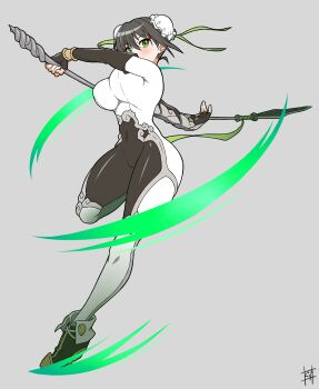 1girl arm_guards black_bodysuit black_boots black_gloves black_hair blush bodysuit boots breasts bun_cover covered_navel double_bun elbow_gloves fate/grand_order fate_(series) fingerless_gloves full_body gloves green_eyes green_ribbon guriguri_(arayotto4351) hair_bun hair_ribbon highres large_breasts looking_at_viewer medium_hair polearm qin_liangyu_(fate) ribbon sidelocks silver_trim solo spear weapon white_bodysuit