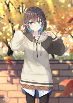1girl autumn autumn_leaves black_hair black_pantyhose blue_eyes blue_hair blush colored_inner_hair commentary_request cowboy_shot day drawstring grey_hoodie hair_between_eyes hands_up highres hood hood_down hoodie leaf long_sleeves looking_at_viewer miko_fly multicolored_hair original outdoors pantyhose parted_lips short_hair solo