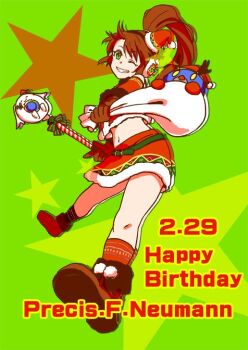1girl bobot brown_hair dated full_body gloves green_eyes happy_birthday long_hair looking_at_viewer nanase_miyuyu one_eye_closed ponytail precis_neumann robot santa_costume simple_background skirt smile solo star_ocean star_ocean:_anamnesis star_ocean:_the_second_story