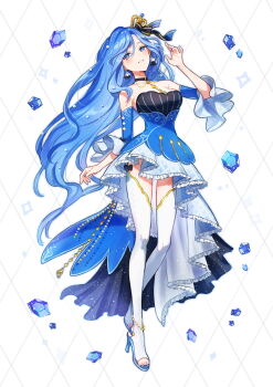 Rule 34 | 1girl, argyle background, bare shoulders, black choker, blue dress, blue eyes, blue hair, blue shoes, blue sleeves, blush, breasts, choker, commentary, crown, detached sleeves, dress, full body, grin, hand up, high heels, highres, idol, idol clothes, jewelry, large breasts, long hair, looking at viewer, necklace, original, shinishi chiho, shoes, smile, solo, standing, strapless, strapless dress, thighhighs, three-quarter sleeves, white background, white thighhighs, wide sleeves