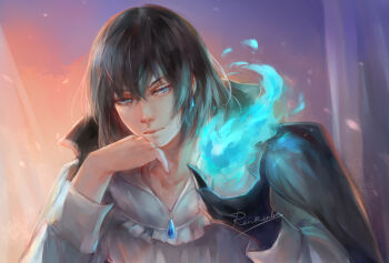 1boy black_hair blue_eyes blue_fire closed_mouth cosplay earrings expressionless fate/grand_order fate_(series) fire glint grey_hair hair_between_eyes highres howl_(howl_no_ugoku_shiro)_(cosplay) howl_no_ugoku_shiro howl_pendragon jewelry long_sleeves male_focus necklace oberon_(fate) oberon_(third_ascension)_(fate) renrenka_noi shirt short_hair signature solo upper_body white_shirt