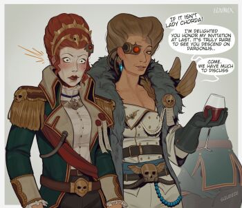 2girls alcohol beads belt black_gloves blonde_hair blush border braid cup drinking_glass earrings elzunix epaulettes fur_trim gloves grabbing_another&#039;s_ass green_eyes groping highres jewelry looking_at_another mole mole_under_eye multiple_girls necklace prayer_beads prosthesis purity_seal red_hair red_lips red_sash red_wine sash side_braid single_braid skull surprised tube warhammer_40k warhammer_40k:_rogue_trader white_border wine wine_glass wrist_cuffs yuri