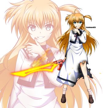 1girl ahoge arisa_bunnings blonde_hair blush green_eyes grin highres holding holding_sword holding_weapon long_hair looking_at_viewer lyrical_nanoha mahou_shoujo_lyrical_nanoha mahou_shoujo_lyrical_nanoha_a&#039;s oshimaru026 school_uniform seishou_elementary_school_uniform simple_background skirt smile solo sword torn_clothes torn_skirt weapon white_background