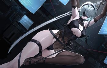 1girl 2b_(nier:automata) 2b_(yorha_unofficial_waterfront_gear)_(nikke) a_kite_(akitee) absurdres alternate_costume armpits arms_up black_bridal_gauntlets black_flower black_hairband black_one-piece_swimsuit black_sandals black_thighhighs blindfold bound breasts bridal_gauntlets cameltoe cleavage closed_mouth commentary_request covered_erect_nipples covered_eyes covered_navel curvy feet flower goddess_of_victory:_nikke hairband highres holding holding_sword holding_weapon knee_up large_breasts mole mole_under_mouth nier:automata nier_(series) official_alternate_costume one-piece_swimsuit ribbon ribbon_bondage sandals shiny_skin single_thighhigh solo swimsuit sword thigh_strap thighhighs thong toes weapon wide_hips