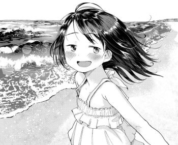 Rule 34 | 1girl, antenna hair, bad id, bad twitter id, beach, blush, dress, female focus, greyscale, inactive account, masuda (yousaytwosin), monochrome, original, outdoors, smile, solo, waves
