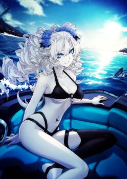 1girl animal bare_shoulders bikini black_bikini blue_eyes boat breasts center_opening cleavage fate/grand_order fate_(series) flower grey_hair grin hair_between_eyes hair_flower hair_ornament konoe_ototsugu kriemhild_(fate) kriemhild_(swimsuit_rider)_(fate) kriemhild_(swimsuit_rider)_(first_ascension)_(fate) long_hair looking_at_viewer medium_breasts mole mole_under_eye navel_piercing ocean official_alternate_costume official_art piercing shark smile sun sunlight swimsuit twintails water watercraft