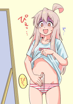 1girl ahoge clothes_lift collarbone depth_measurement genderswap genderswap_(mtf) groin looking_at_mirror measuring mirror navel onii-chan_wa_oshimai! open_mouth orange_eyes oyama_mahiro panties penis_measuring pink_hair ramen_(ooishi_kou) ruler shaded_face shirt shirt_lift solo standing striped_clothes striped_panties sweatdrop t-shirt tears translation_request underwear