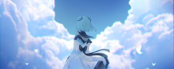 Rule 34 | 1girl, animal print, blue sky, bug, butterfly, butterfly print, double bun, dress, foulo paints, green hair, hair bun, highres, hololive, insect, ribbon, short hair, sky, tagme, uruha rushia, uruha rushia (1st costume), virtual youtuber