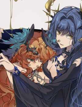 2girls ;/ absurdres arcana_(paradise_regained)_(reverse:1999) arcana_(reverse:1999) bare_shoulders black_dress blue_hair blue_wings colored_tears crown_of_thorns dress druvis_iii druvis_iii_(shrouded_in_thorns) feathered_wings green_eyes grey_background halter_dress halterneck hand_up head_on_chest head_wings highres looking_at_viewer multiple_girls official_alternate_costume orange_hair parted_lips reverse:1999 single_tear smile sweat unhyang upper_body wand_in_head wide_sleeves wings yellow_eyes