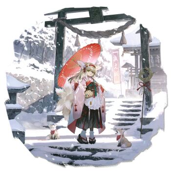 1girl :o animal_ears apron arknights black_hakama blonde_hair fennec_fox fox fox_ears fox_girl fox_tail full_body green_eyes hakama hakama_skirt highres holding holding_umbrella japanese_clothes kimono kitsune kyuubi long_hair looking_at_viewer multiple_tails official_alternate_costume official_art oil-paper_umbrella outdoors parted_lips pink_kimono round_image sho_(sho_lwlw) shrine skirt snow snowing socks solo stairs standing suzuran_(arknights) suzuran_(yukibare)_(arknights) tail third-party_source torii umbrella waist_apron white_apron white_socks wide_sleeves winter