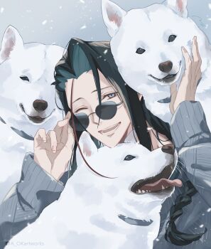 1boy animal_collar aopix_001 black_hair braid collar dog fate/grand_order fate_(series) grey_eyes grey_sweater highres kondou_isami_(fate) kondou_isami_(over_the_same_sky)_(fate) long_hair male_focus one_eye_closed smile snow sunglasses sweater twitter_username white_dog