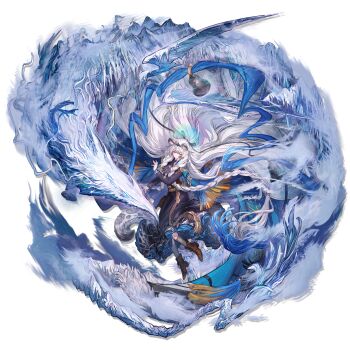 1girl absurdres animal_ears arknights blue_cloak blue_theme braid cloak floating floating_cape floating_hair full_body fur-trimmed_cloak fur_trim highres long_hair official_alternate_costume official_art pramanix_(arknights) pramanix_the_prerita_(arknights) ryuuzaki_ichi simple_background snow_leopard_ears snow_leopard_girl snow_leopard_tail solo tail third-party_source transparent_background twin_braids very_long_hair white_hair