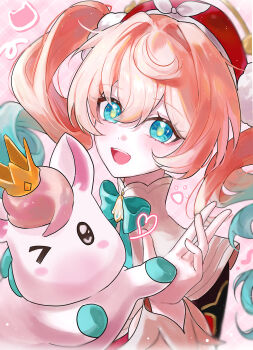 1girl absurdres aqua_eyes blush colored_tips commentary hair_between_eyes hand_up highres honkai:_star_rail honkai_(series) hyacine_(honkai:_star_rail) little_ica_(honkai:_star_rail) looking_at_viewer multicolored_hair open_mouth pink_hair smile solo ssamsa0404 twintails upper_body