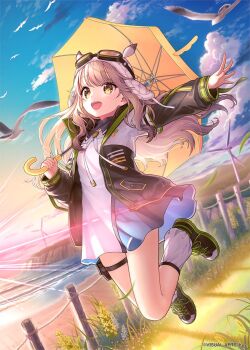 1girl :d anemoi beach bird black_jacket black_shoes blue_dress blue_sky brown_hair cloud commentary_request cross-laced_shoes daisan_oujo day dress dutch_angle floating_clothes floating_hair full_body fusaba_aino goggles goggles_on_head grass hand_up happy highres holding holding_umbrella jacket jpeg_artifacts jumping long_hair looking_up loose_socks ocean open_clothes open_jacket open_mouth outdoors outstretched_arm outstretched_hand seagull second-party_source shoes short_dress sidelighting sky smile sneakers socks solo sunlight teeth thigh_strap two-tone_dress umbrella upper_teeth_only very_long_hair white_bird white_dress white_socks yellow_eyes yellow_umbrella